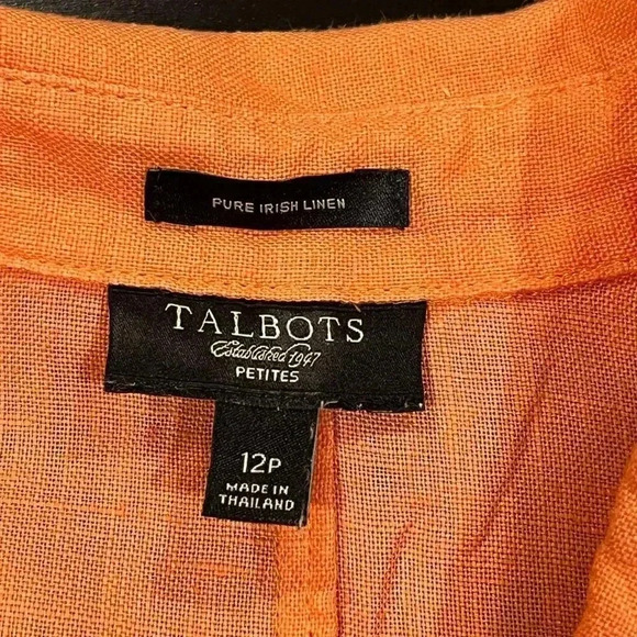 Talbots Irish Linen Tangerine Orange Womens 3/4 Sleeve Button Down Womens 12P - Picture 5 of 9